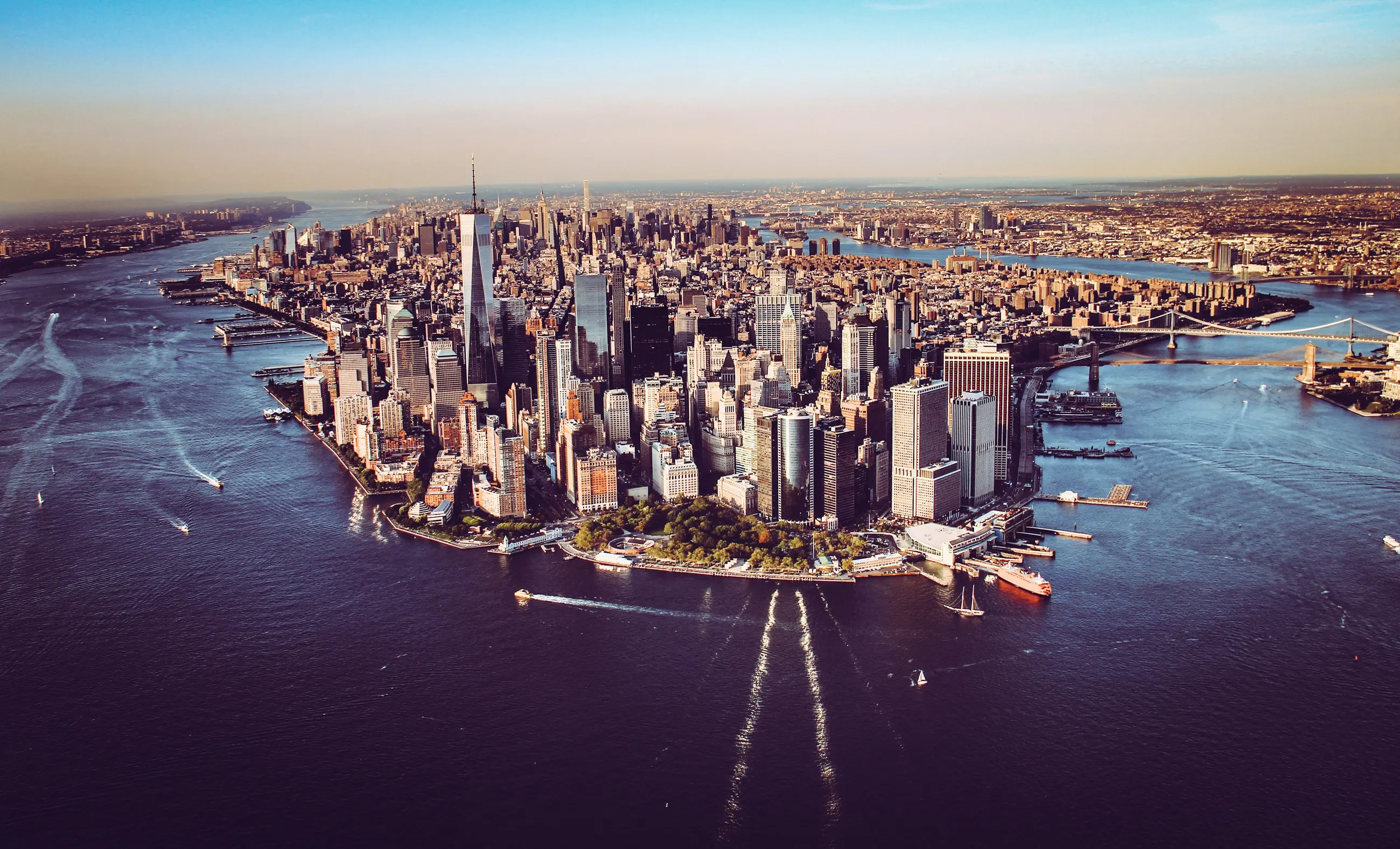 Aerial view of Lower Manhattan and the East River